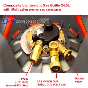 Bombona de gas GLP ligera de 24,5 l de material compuesto con válvula multiválvula, recargable hasta un 80 %.