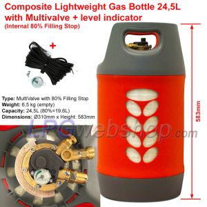 Garrafa gás GLP 24,5L leve material compósito Recarregável até 80% + Multiválvula + Medidor de nível + Sensor + Cablagem