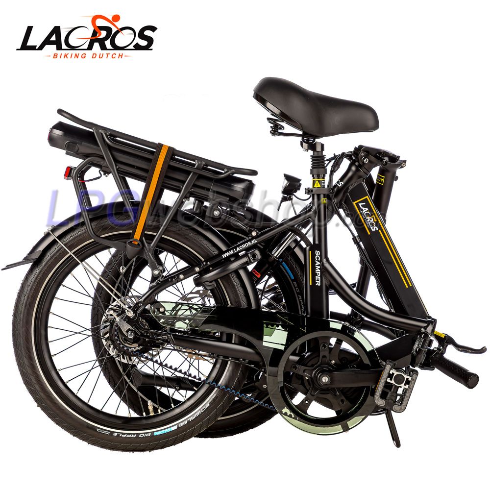 Bicicleta elétrica dobrável Lacros Scamper S600 M410 com correia, Preta Bicicleta elétrica dobrável Lacros Scamper S600 M410 com correia, Preta