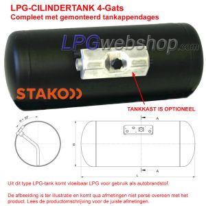 LPG-Tank Cilinder 200L (Ø450x1378) STAKO 4-Gats incl. appendages