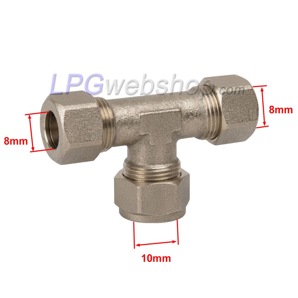 T-Stück für Flüssiggasleitung 8x10x8 mm mit Kompressionsring und Überwurfmutter (07-748-08) T-Stück für Flüssiggasleitung 8x10x8 mm mit Kompressionsring und Überwurfmutter (07-748-08)