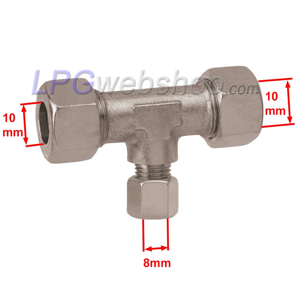 Raccordo a T per tubo GPL 10x8x10mm con anello di compressione + dado di raccordo (07-763-00) Raccordo a T per tubo GPL 10x8x10mm con anello di compressione + dado di raccordo (07-763-00)