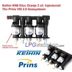 Riel de inyectores Keihin de 3 cilindros KN8 Naranja, 63 cc, 3 inyectores - GLP Prins VSI - Eurogas Omegas