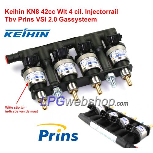 Riel de inyectores Keihin de 4 cilindros KN8 blanco, 42 cc, 4 inyectores - GLP Prins VSI - Eurogas Omegas