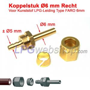 Pieza de acoplamiento FARO de 6 mm de diámetro, recta, para tubería termoplástica de GLP (Faro 6 mm / KF-0001 / Aceite de transf