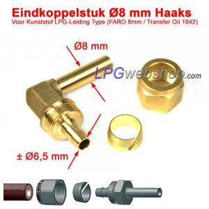 Raccord terminal FARO Ø 8 mm, 90°, pour tuyau thermoplastique GPL FARO 8 mm / Huile de transfert 1842