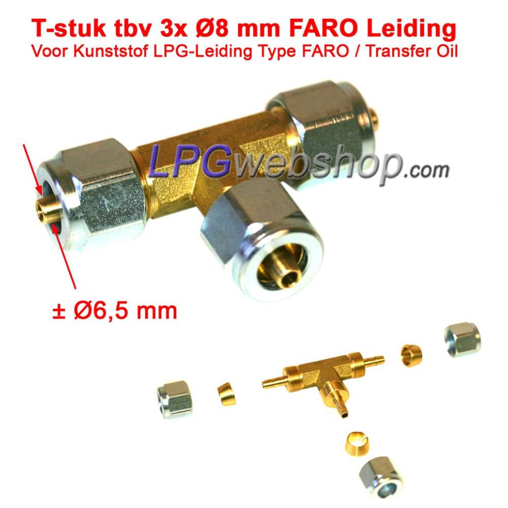 Pieza en T termoplástica 3x 8 mm para tubería de GLP, 3 conexiones - (FARO 8 mm / Transfer Oil 1842) Pieza en T termoplástica 3x 8 mm para tubería de GLP, 3 conexiones - (FARO 8 mm / Transfer Oil 1842)