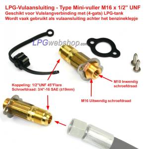 LPG-Vulaansluiting Mini-vuller M16 x 1/2"UNF (19 mm) tbv LPG-Vulslang en 4-gats LPG-tank