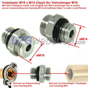 Vuladapter M16 x M14 tbv M14-Vulaansluiting (Opel / Lovato / Landi Renzo)