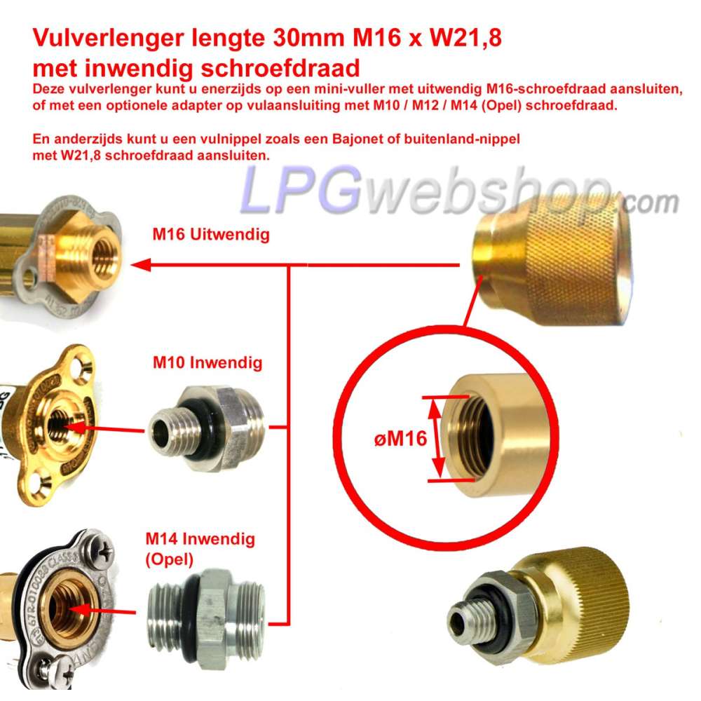 Extensor de llenado longitud 30 mm M16xW21.8 rosca interna para Mini-filler Extensor de llenado longitud 30 mm M16xW21.8 rosca interna para Mini-filler