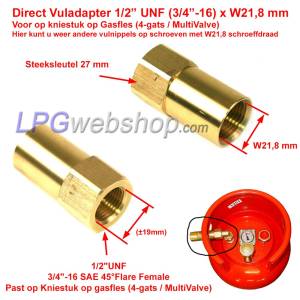 Adaptateur de remplissage direct W21,8 x 1/2" UNF - Se connecte directement sur le genouillère du réservoir GPL / bouteille de g