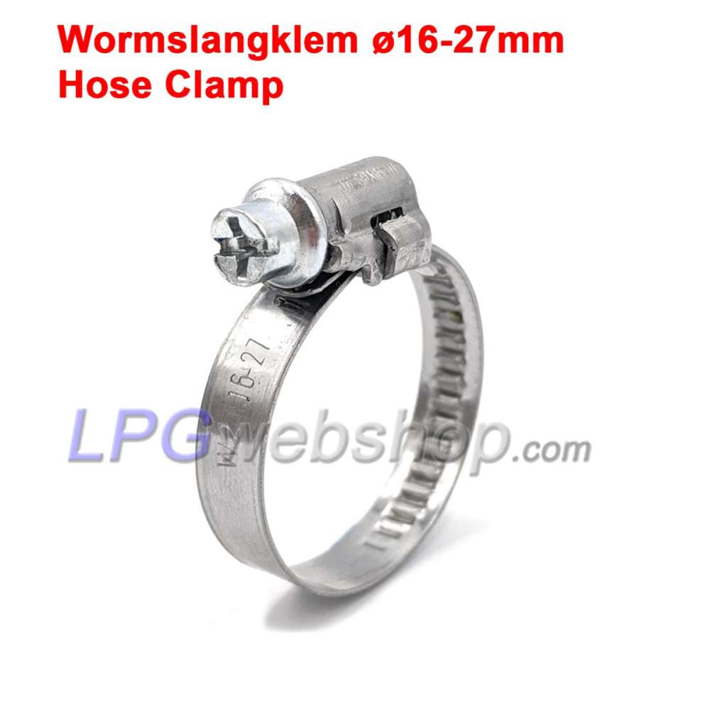 Worm slangklem Ø16-27mm Breedte 9mm voor afdichting gasslang Worm slangklem Ø16-27mm Breedte 9mm voor afdichting gasslang