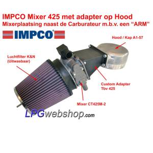 Kit de conversión de motor a GLP IMPCO Modelo E Reductor + Mezclador 425 con brazo junto al carburador