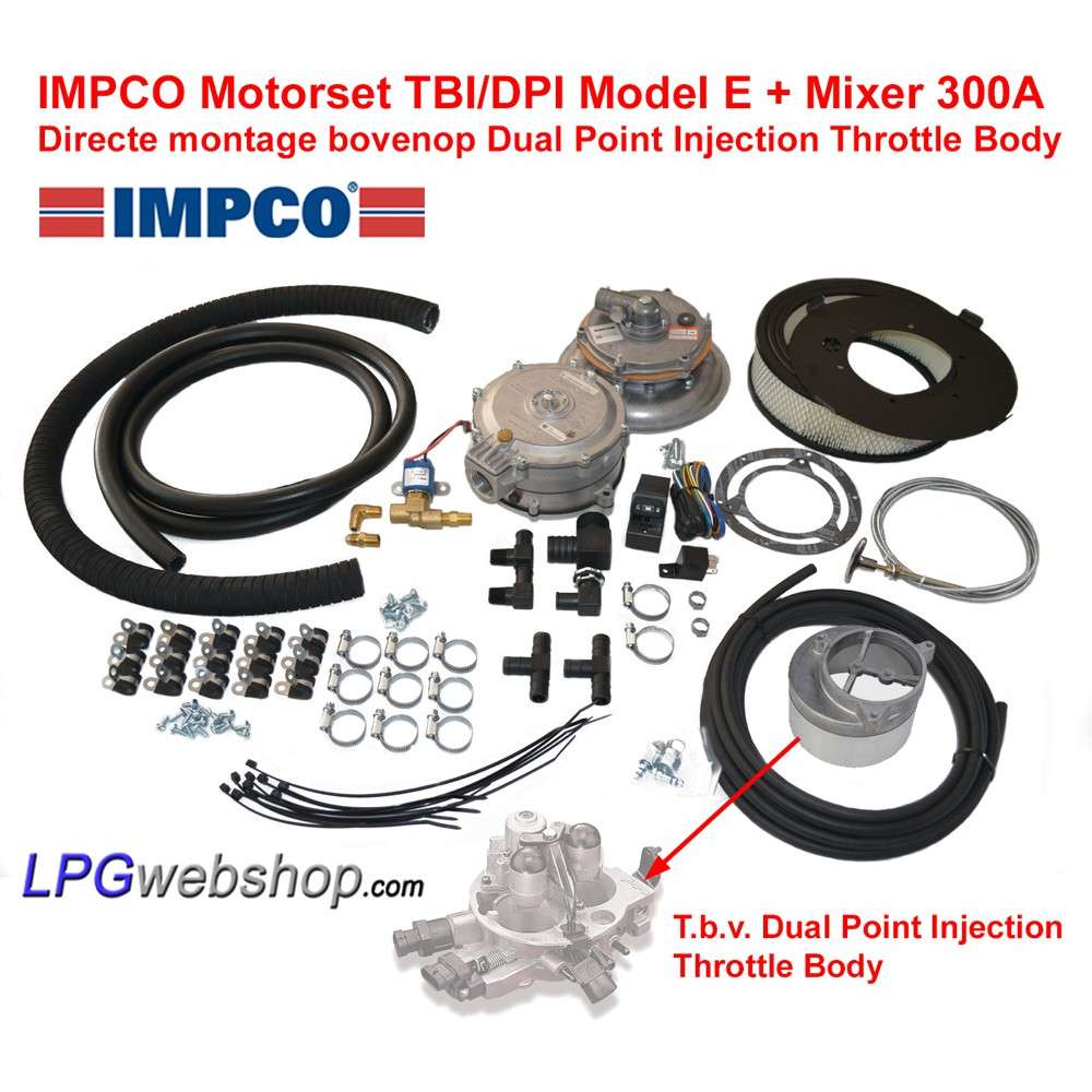 IMPCO LPG-Motorset TBI/DFI Model E Verdamper + 300A Mixer bovenop Dual Point Injection Throttle Body IMPCO LPG-Motorset TBI/DFI Model E Verdamper + 300A Mixer bovenop Dual Point Injection Throttle Body