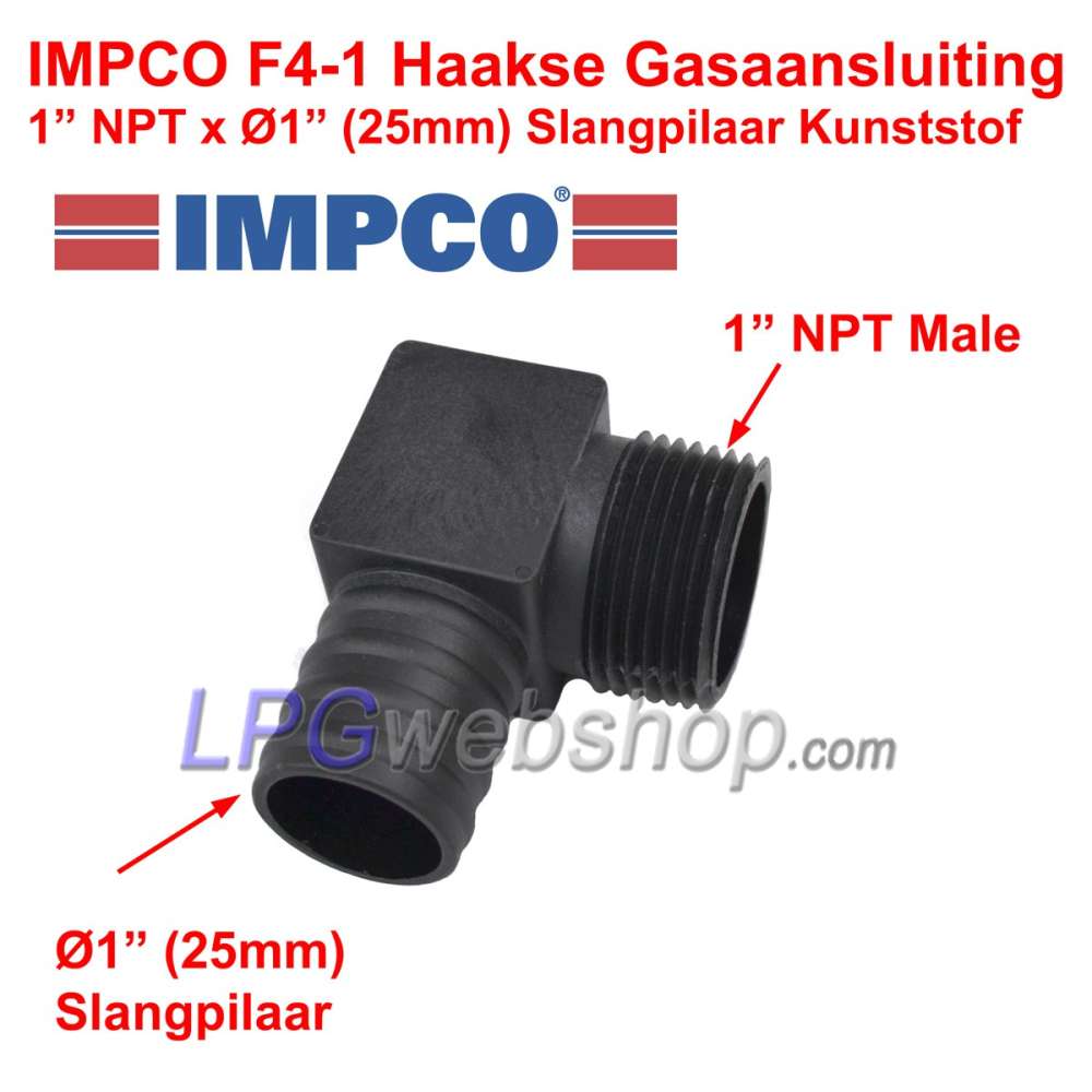 IMPCO F4-1 abgewinkelter Gasanschluss 1" NPT x Ø1" (25 mm) Schlauchtülle aus Kunststoff IMPCO F4-1 abgewinkelter Gasanschluss 1" NPT x Ø1" (25 mm) Schlauchtülle aus Kunststoff