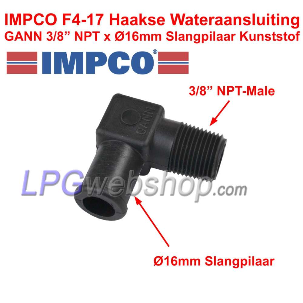 IMPCO F4-17 Angled Water Connection GANN 3/8” NPT x Ø16mm Hose Barb Plastic IMPCO F4-17 Angled Water Connection GANN 3/8” NPT x Ø16mm Hose Barb Plastic