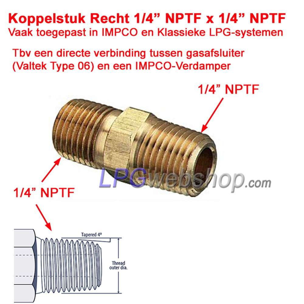 Raccordo diritto 1/4" NPT-maschio x 1/4" NPT-maschio per, tra gli altri, valvola gas IMPCO e Valtek tipo 06 Raccordo diritto 1/4" NPT-maschio x 1/4" NPT-maschio per, tra gli altri, valvola gas IMPCO e Valtek tipo 06