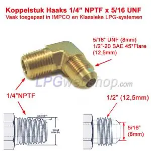 Coupling piece Angled 1/4” NPT-Male x 5/16" UNF for IMPCO and copper 8mm pipe