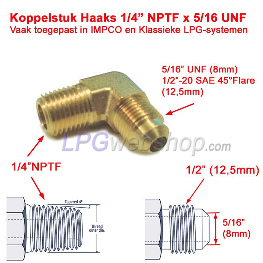 Peça de conexão em ângulo 1/4" NPT-Macho x 5/16" UNF para IMPCO e tubo de cobre 8mm Peça de conexão em ângulo 1/4" NPT-Macho x 5/16" UNF para IMPCO e tubo de cobre 8mm