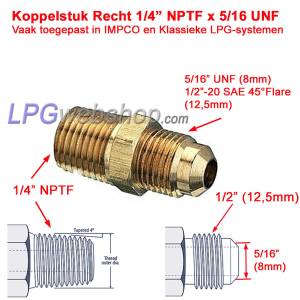 Acoplamiento recto 1/4” NPT macho x 5/16" UNF para tubería IMPCO y cobre de 8 mm