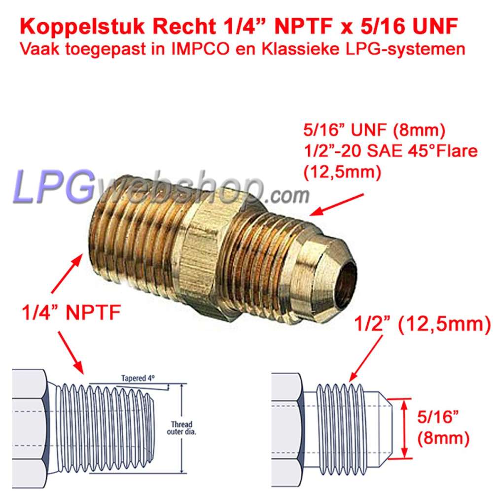 Acoplamiento recto 1/4” NPT macho x 5/16" UNF para tubería IMPCO y cobre de 8 mm Acoplamiento recto 1/4” NPT macho x 5/16" UNF para tubería IMPCO y cobre de 8 mm