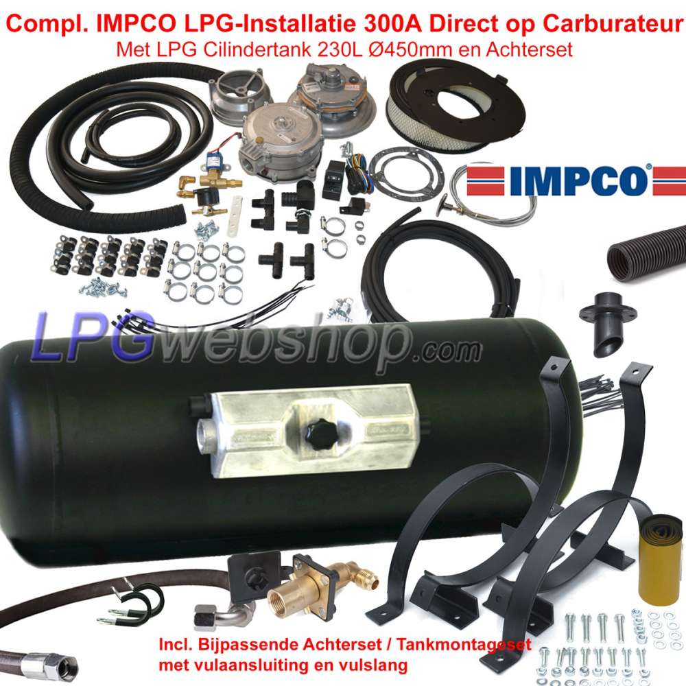 Kit completo de GLP IMPCO con 300 A de alimentación directa al carburador y cilindro. Tanque de GLP de 230 L (Ø450 mm x 1571 mm) Kit completo de GLP IMPCO con 300 A de alimentación directa al carburador y cilindro. Tanque de GLP de 230 L (Ø450 mm x 1571 mm)