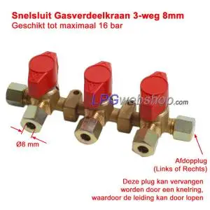 3-Way Quick Gas Valve Ø8mm Compression Coupling (Propane Shut Off Valve)