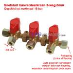 Snelsluit Gasverdeelkraan 3-weg Ø8mm-knelkoppeling (Dampgas afsluitkraan)