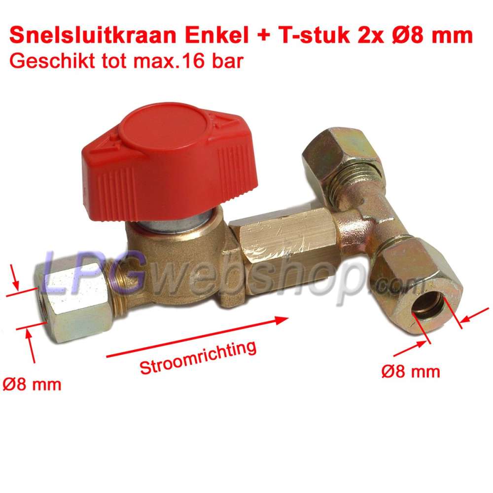 Schnellverschluss-Gasventil Single + T-Stück 2x Ø8mm Klemmverschraubung (Dampfgas-Absperrventil) Schnellverschluss-Gasventil Single + T-Stück 2x Ø8mm Klemmverschraubung (Dampfgas-Absperrventil)