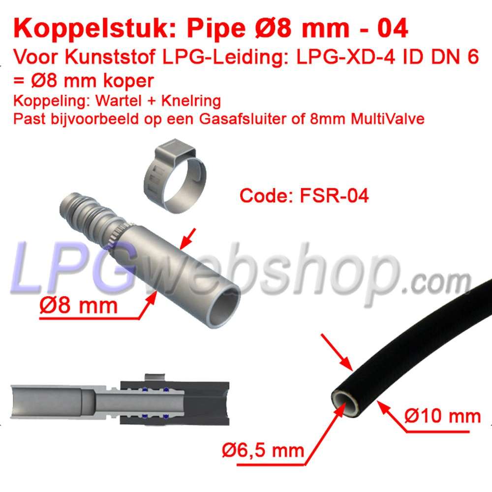 Pieza de acoplamiento LPG-FIT Tubería Ø8 mm FSR-04 para Tubería de Plástico LPG-XD-4 (8mm) Pieza de acoplamiento LPG-FIT Tubería Ø8 mm FSR-04 para Tubería de Plástico LPG-XD-4 (8mm)