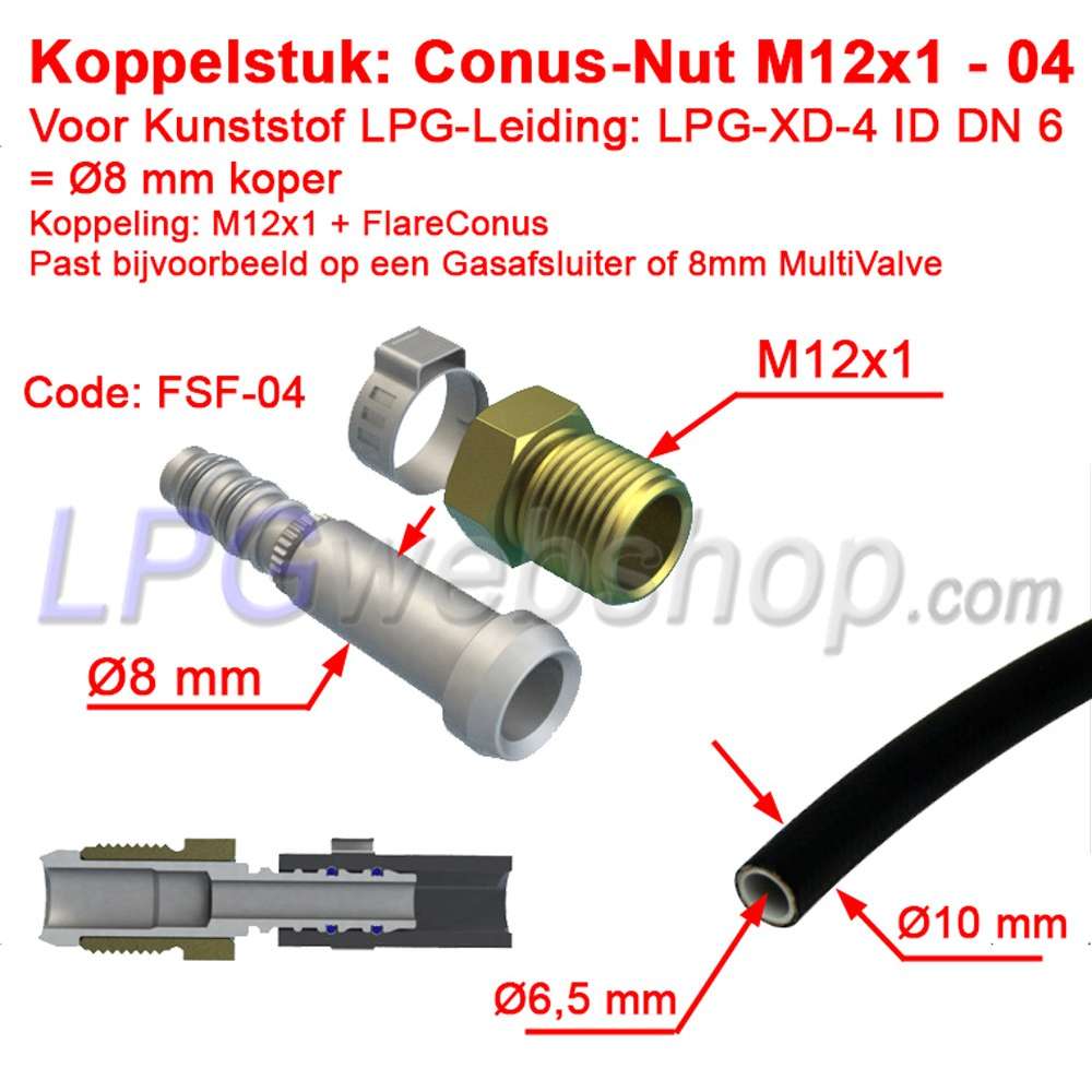 Pieza de acoplamiento LPG-FIT Cono-Tuerca M12x1 Ø8mm FSF-04 para Tubo Plástico LPG-XD-4 (8mm) Pieza de acoplamiento LPG-FIT Cono-Tuerca M12x1 Ø8mm FSF-04 para Tubo Plástico LPG-XD-4 (8mm)