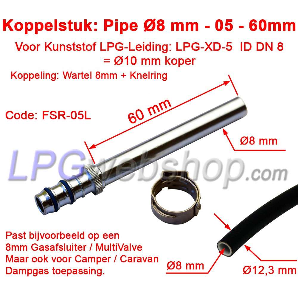 Acoplamiento LPG-FIT para tubería de plástico LPG-XD-5 (10 mm) (Ø8 mm, L60 mm, FSR-05L) Acoplamiento LPG-FIT para tubería de plástico LPG-XD-5 (10 mm) (Ø8 mm, L60 mm, FSR-05L)