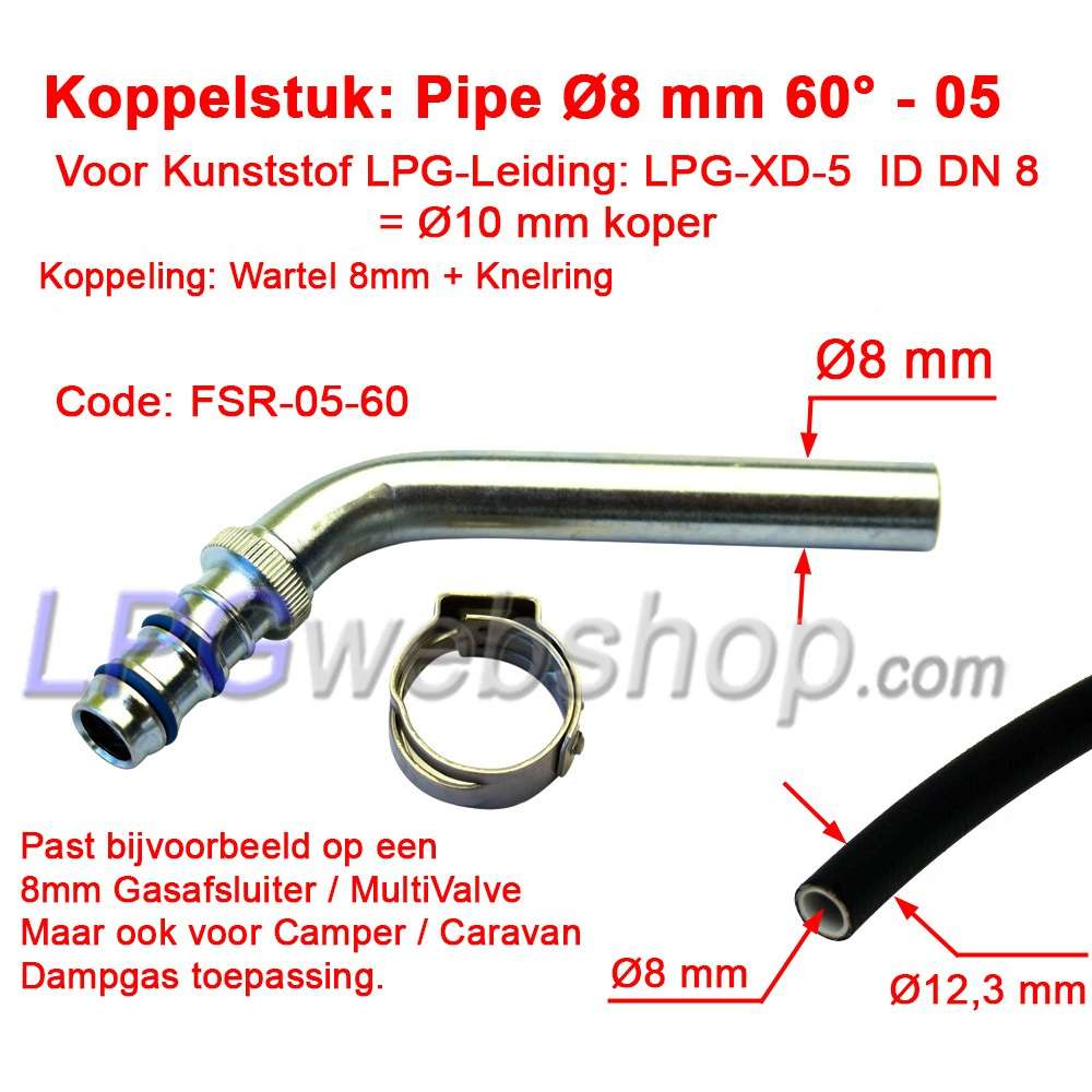 Acoplamiento de tubería LPG-FIT Ø8 mm 60° FSR-05-60 para tubería de plástico LPG-XD-5 (10 mm) Acoplamiento de tubería LPG-FIT Ø8 mm 60° FSR-05-60 para tubería de plástico LPG-XD-5 (10 mm)