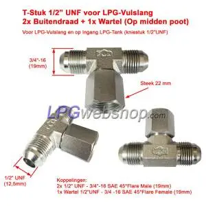 T-Piece 3x 1/2"UNF 2x Outer Thread 1x Flare Nut in Centre Position for LPG Filling Hose