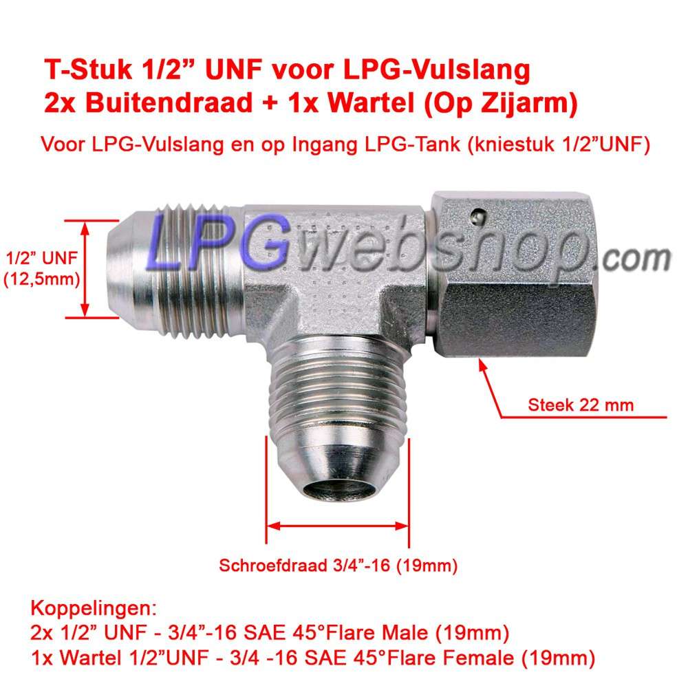 T-stuk 3x 1/2"UNF 2x Buitendraad 1x Wartel op Zijarm tbv LPG-Vulslang T-stuk 3x 1/2"UNF 2x Buitendraad 1x Wartel op Zijarm tbv LPG-Vulslang