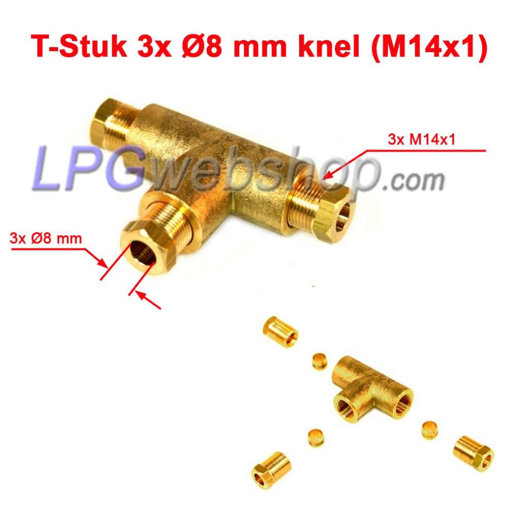 Unión en T para tubería de GLP, 3 x 8 mm de compresión (M14x1) Unión en T para tubería de GLP, 3 x 8 mm de compresión (M14x1)