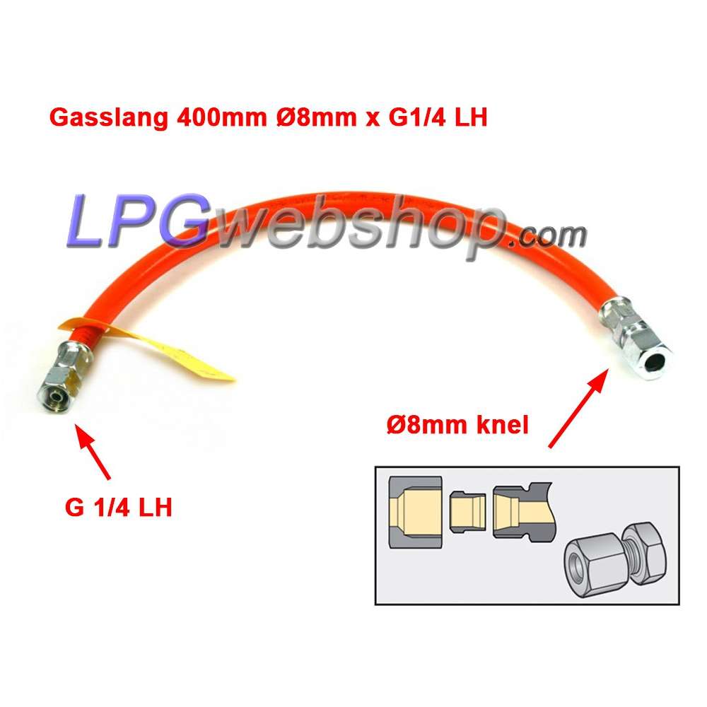 Gasslang GOK voor op drukregelaar 1/4" - 8mm x 400mm RVS Gasslang GOK voor op drukregelaar 1/4" - 8mm x 400mm RVS