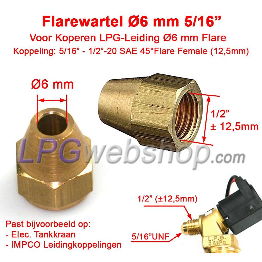 Flare Nut 6mm 5/16" UNF for copper pipe flare connection on extraction valve Flare Nut 6mm 5/16" UNF for copper pipe flare connection on extraction valve