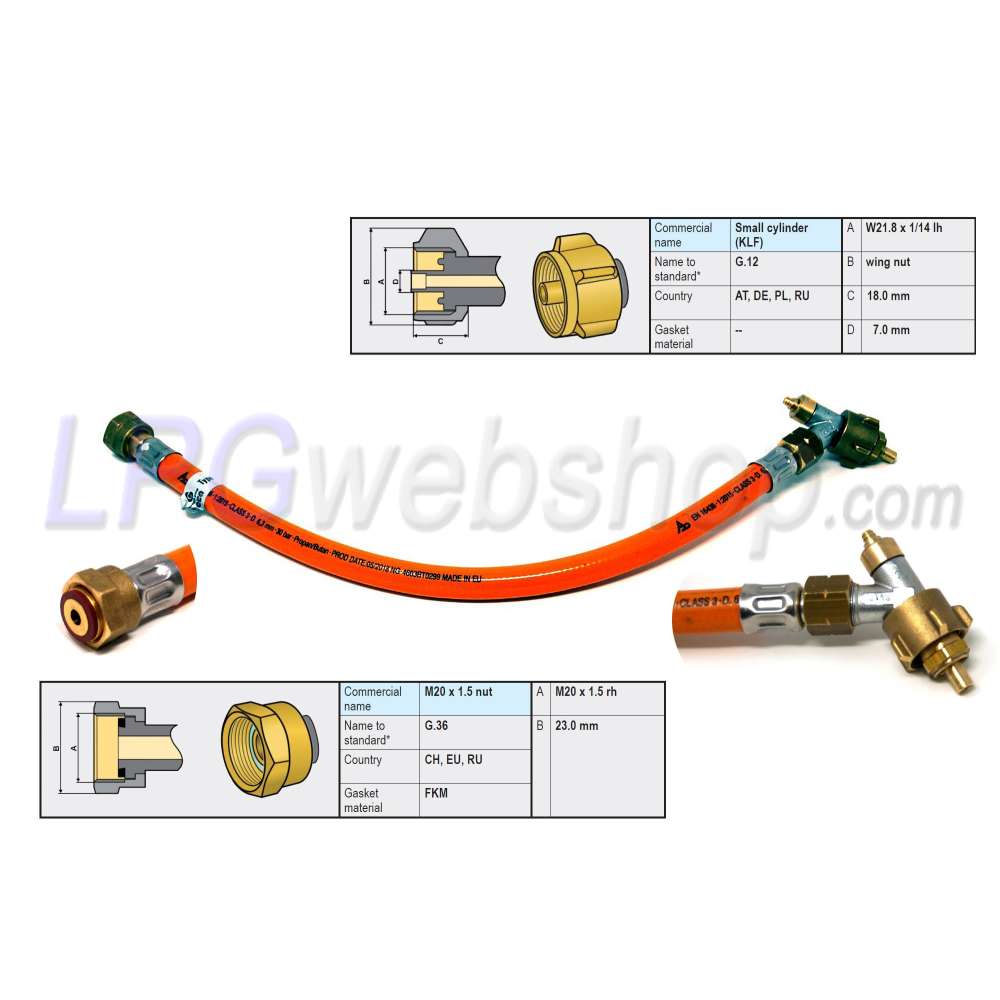 Manguera de gas de alta presión de 450 mm M20 x KLF (G.12) con válvula de seguridad Manguera de gas de alta presión de 450 mm M20 x KLF (G.12) con válvula de seguridad