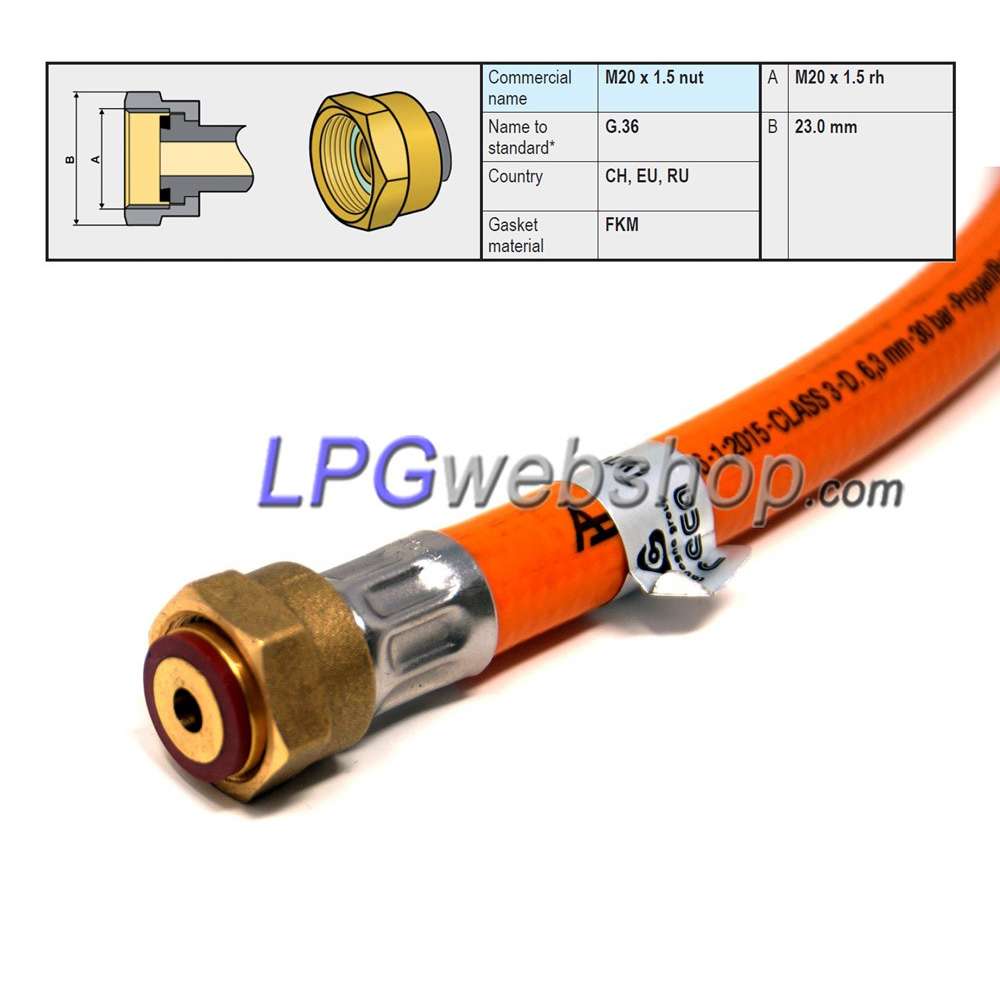 Manguera de gas de alta presión de 450 mm M20 x KLF (G.12) con válvula de seguridad Manguera de gas de alta presión de 450 mm M20 x KLF (G.12) con válvula de seguridad