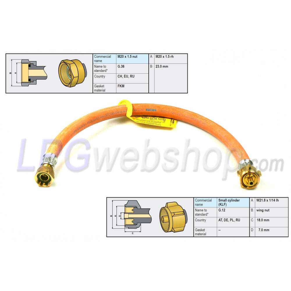 GOK high pressure Gas hose 750mm SHELL KLF (G.12) x M20 GOK high pressure Gas hose 750mm SHELL KLF (G.12) x M20
