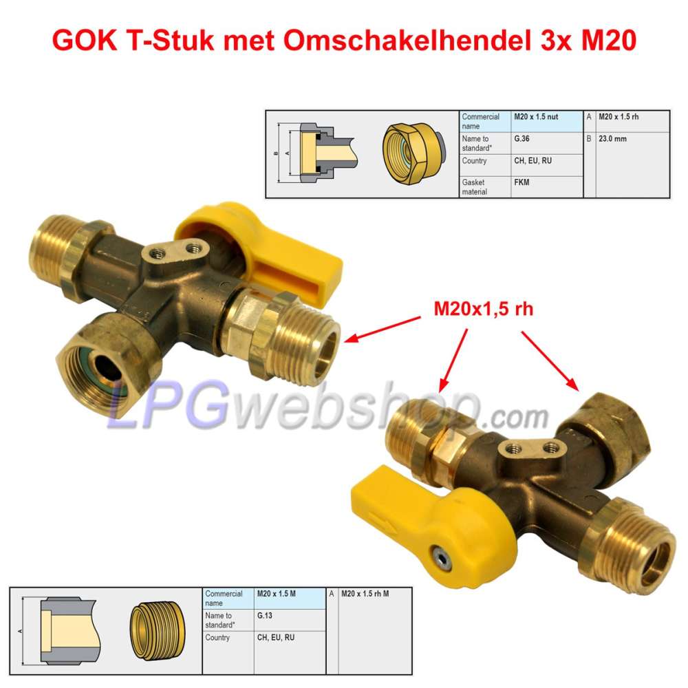 Raccord en T GOK avec vanne de dérivation 3x M20 - Pour 2 bouteilles de gaz Raccord en T GOK avec vanne de dérivation 3x M20 - Pour 2 bouteilles de gaz
