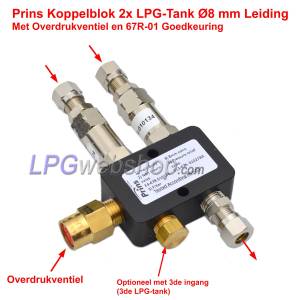 Prins Koppelblok tbv 2x (3x) LPG-Tanks Ø8mm-Leiding met Overdrukventiel