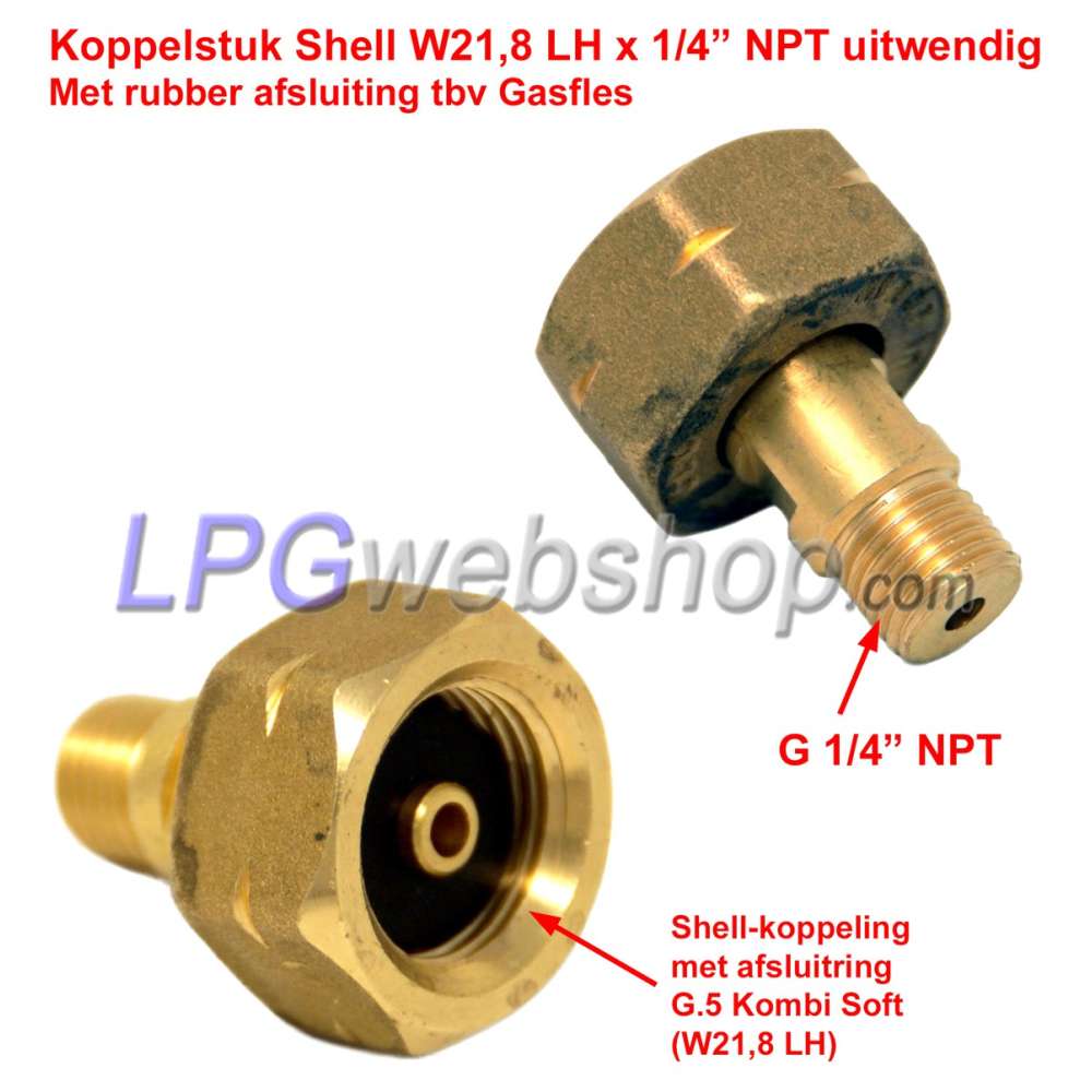 Koppelstuk Shell G.5 Kombi-Soft W21,8 LH x 1/4” NPT uitwendig - Met rubber afsluitring tbv Gasfles Koppelstuk Shell G.5 Kombi-Soft W21,8 LH x 1/4” NPT uitwendig - Met rubber afsluitring tbv Gasfles