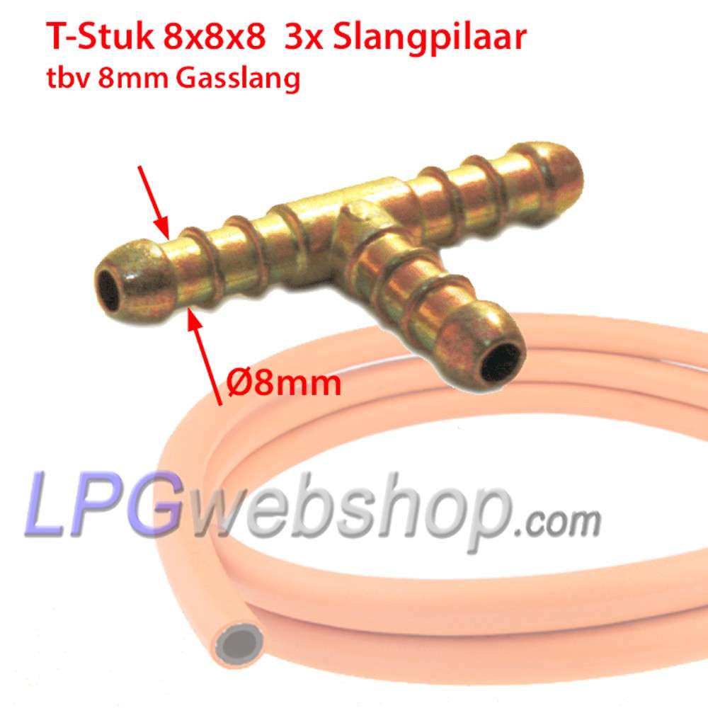 T-stuk 8x8x8mm 3x slangpilaar Ø8 mm - tbv Gasslang T-stuk 8x8x8mm 3x slangpilaar Ø8 mm - tbv Gasslang