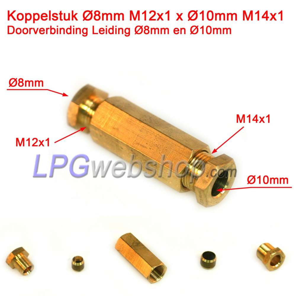 Koppelstuk LPG-Leiding Ø8mm M12x1 x Ø10mm M14x1-Wartel Koppelstuk LPG-Leiding Ø8mm M12x1 x Ø10mm M14x1-Wartel
