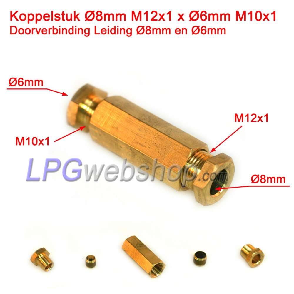 Acoplamiento de tubería GLP Ø8mm M12x1 x Ø6mm M10x1 - Unión Acoplamiento de tubería GLP Ø8mm M12x1 x Ø6mm M10x1 - Unión