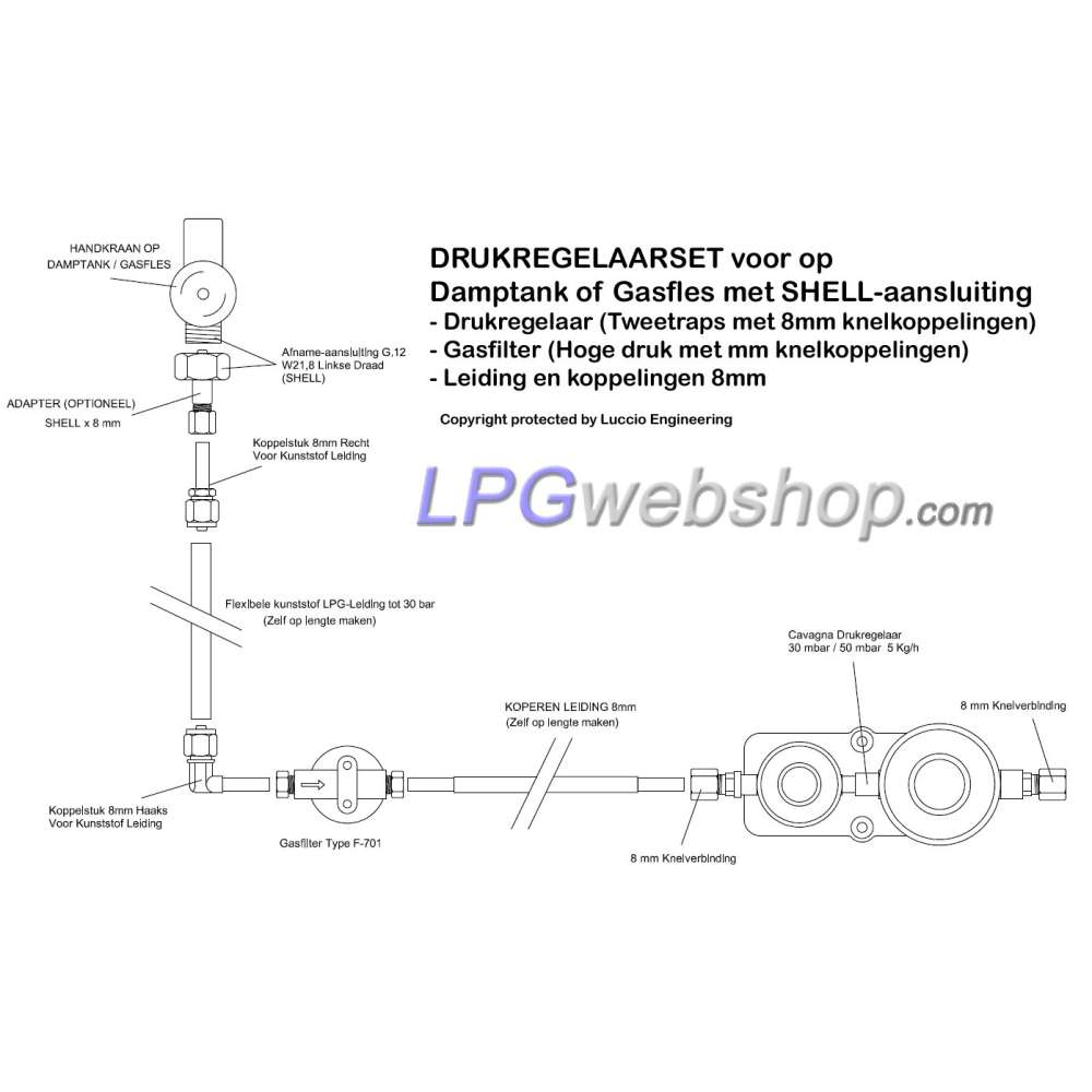 Kit Détendeur de pression (50 mbar) avec filtre et connexions au réservoir GPL / bouteille de gaz Kit Détendeur de pression (50 mbar) avec filtre et connexions au réservoir GPL / bouteille de gaz