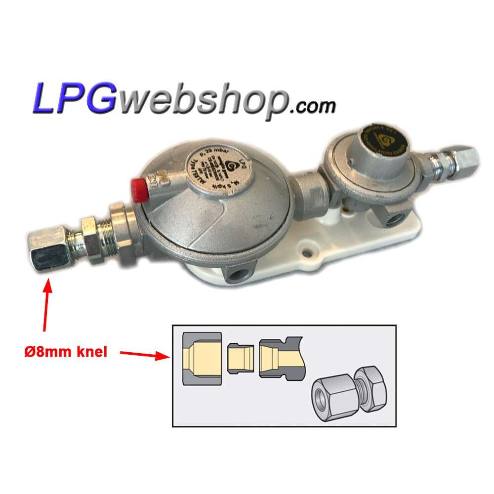 Juego de regulador de presión doble (30 mbar) con filtro y conexiones para 2 depósito de vapor o 2 botellas de gas Juego de regulador de presión doble (30 mbar) con filtro y conexiones para 2 depósito de vapor o 2 botellas de gas