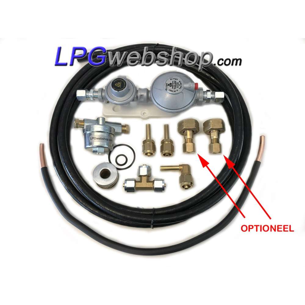 Juego de regulador de presión doble (50 mbar) con filtro y conexiones para 2 depósito de vapor o 2 botellas de gas Juego de regulador de presión doble (50 mbar) con filtro y conexiones para 2 depósito de vapor o 2 botellas de gas